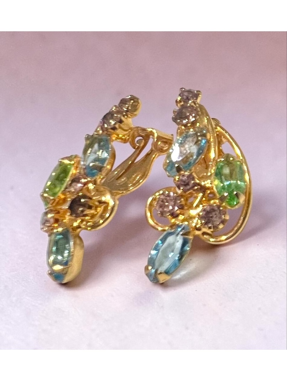 Juliana blue yellow green glass stones clip earrings